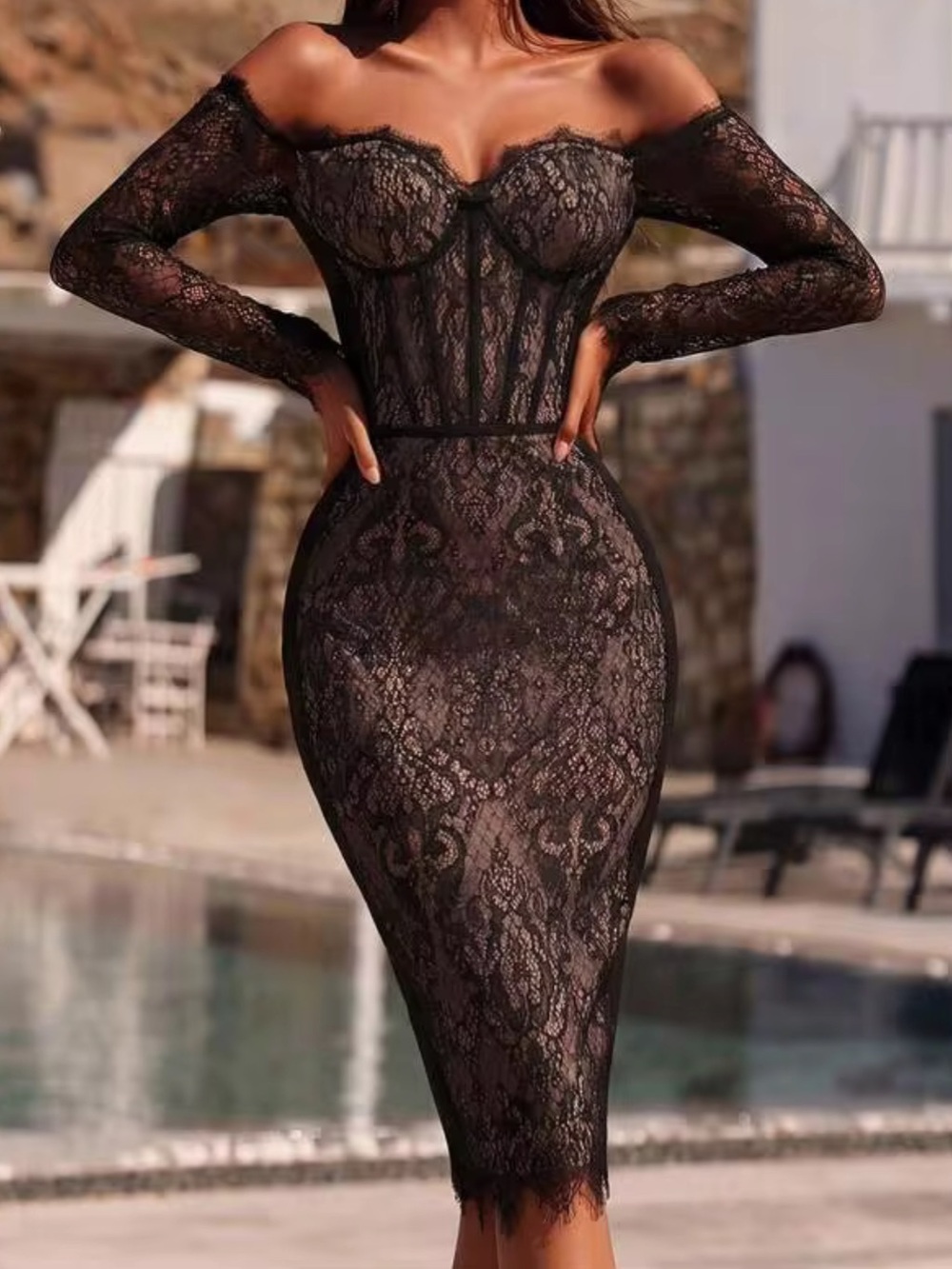Black Lace Long-Sleeve Sheath Dress with Nude Lining